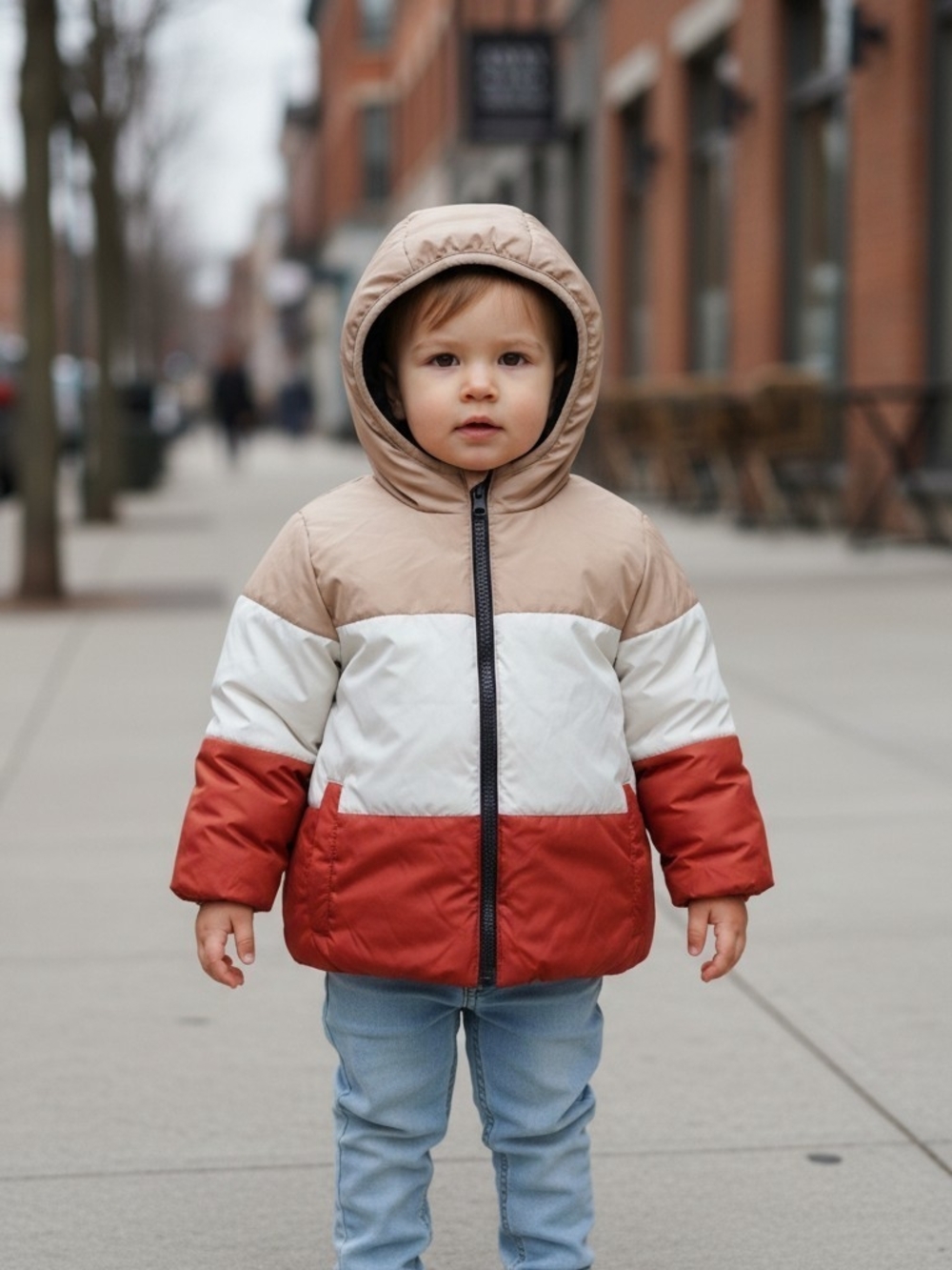 Kids Swiss Tech Puffer Winter Coat In White, Tan And Red Size 4T